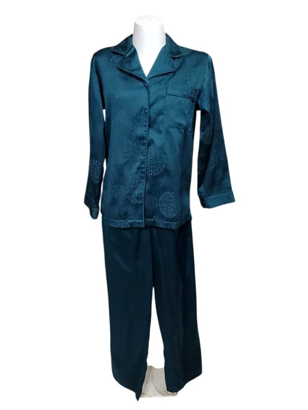 Cabernet Green Damask Fleece Lined Satin Pajama Set S